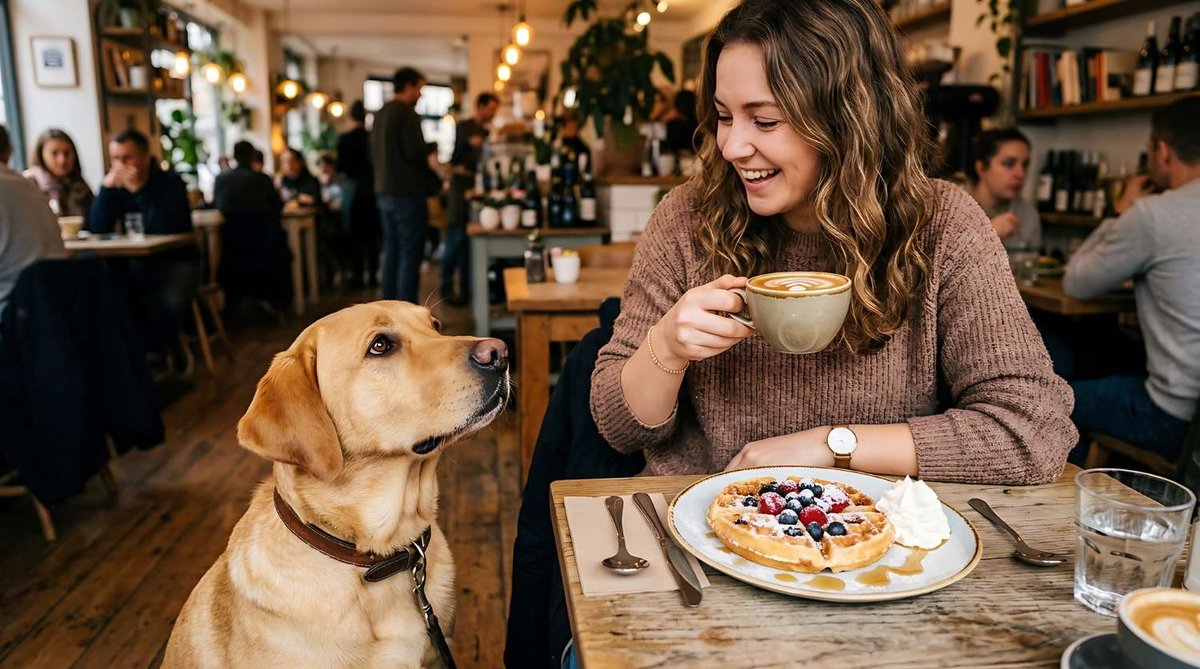 A woman drinking coffee with her Labrador sitting beside the table, waffles on the plate, in a cozy café — illustrating pet-friendly cafés and restaurants in Tbilisi, Georgia.