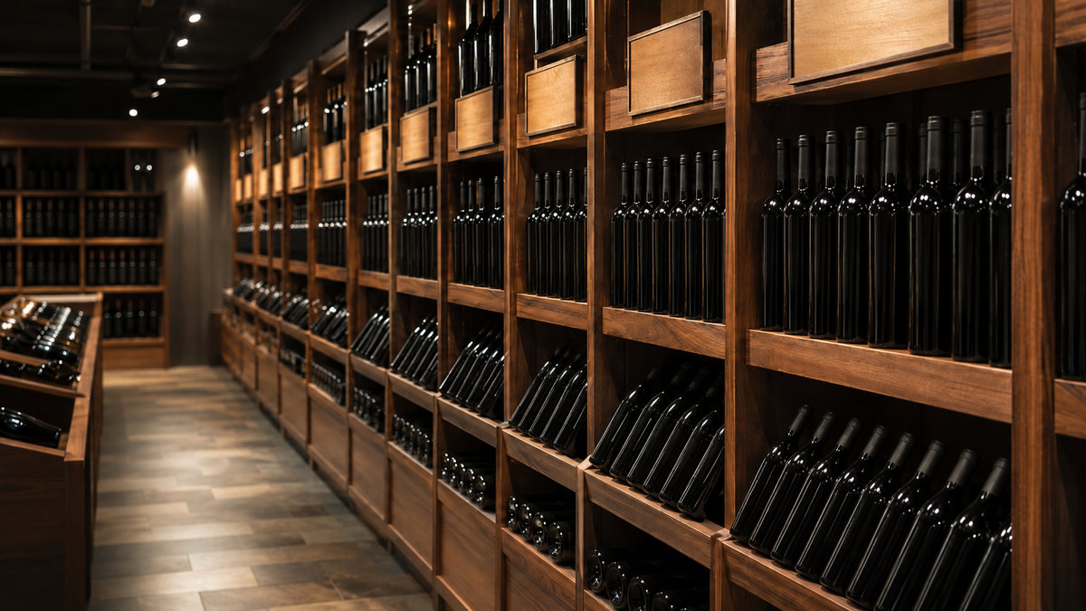 Wooden wine racks in a specialist shop in Tbilisi.