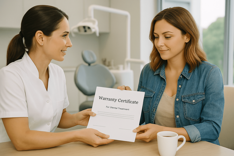 A woman receives a certificate from a dentist