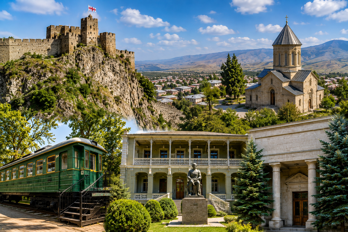 A panoramic view of the historic center of Gori with its medieval fortress, traditional architecture, and museum district.