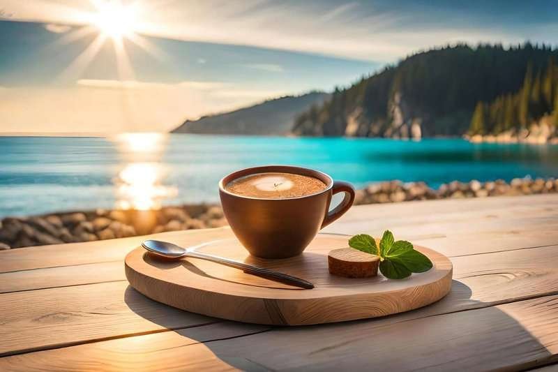 A cup of coffee with a sea view