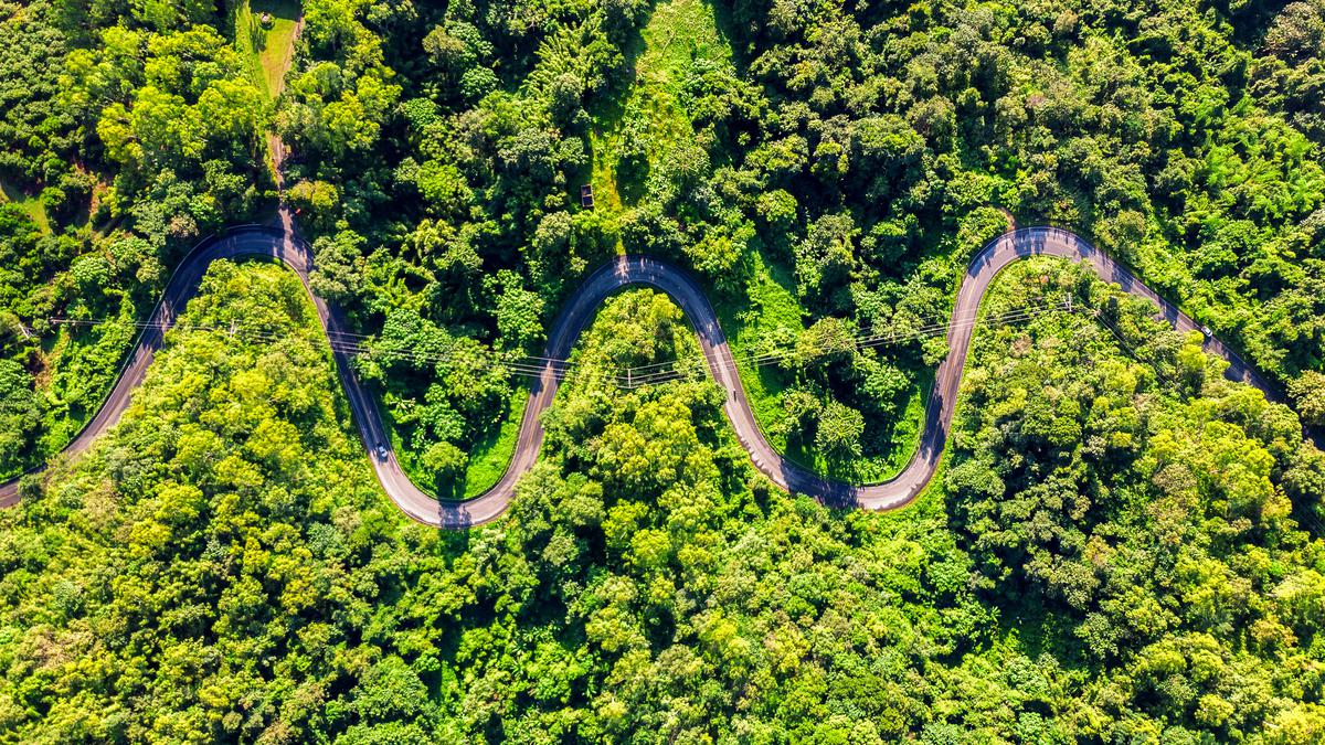 Вид с воздуха на дорогу в горах