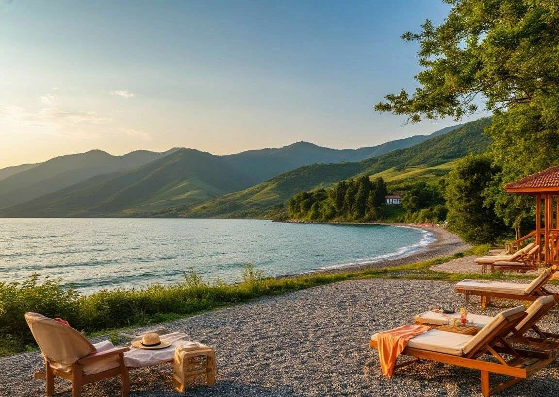 a wooden deck of a cozy guesthouse with two lounge chairs, a straw hat, and a refreshing drink.