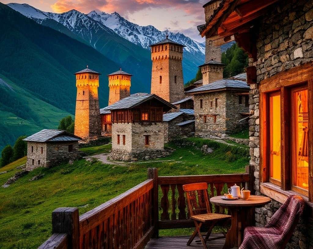 panoramic view of Mestia village in the Caucasus mountains, Svaneti