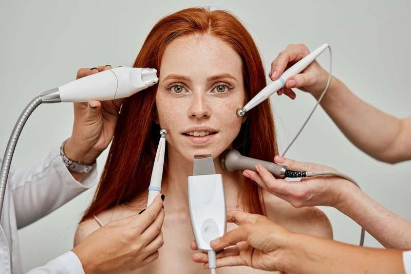 A girl surrounded by cosmetology equipment for carrying out procedures