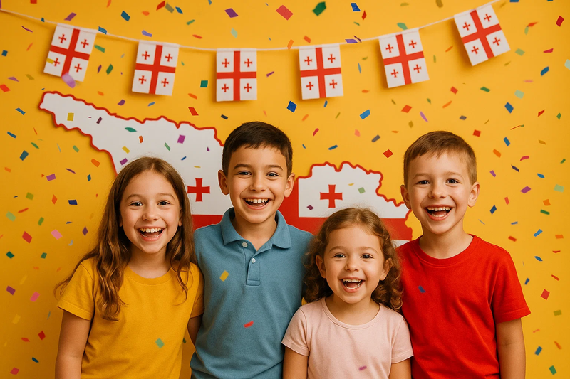 Children smiling in front of a map of Georgia, with confetti and flags