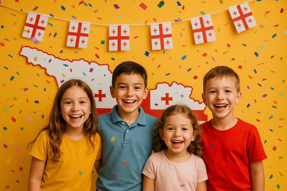 дети, улыбающиеся на фоне карты Грузии, с конфетти и флажками.webp