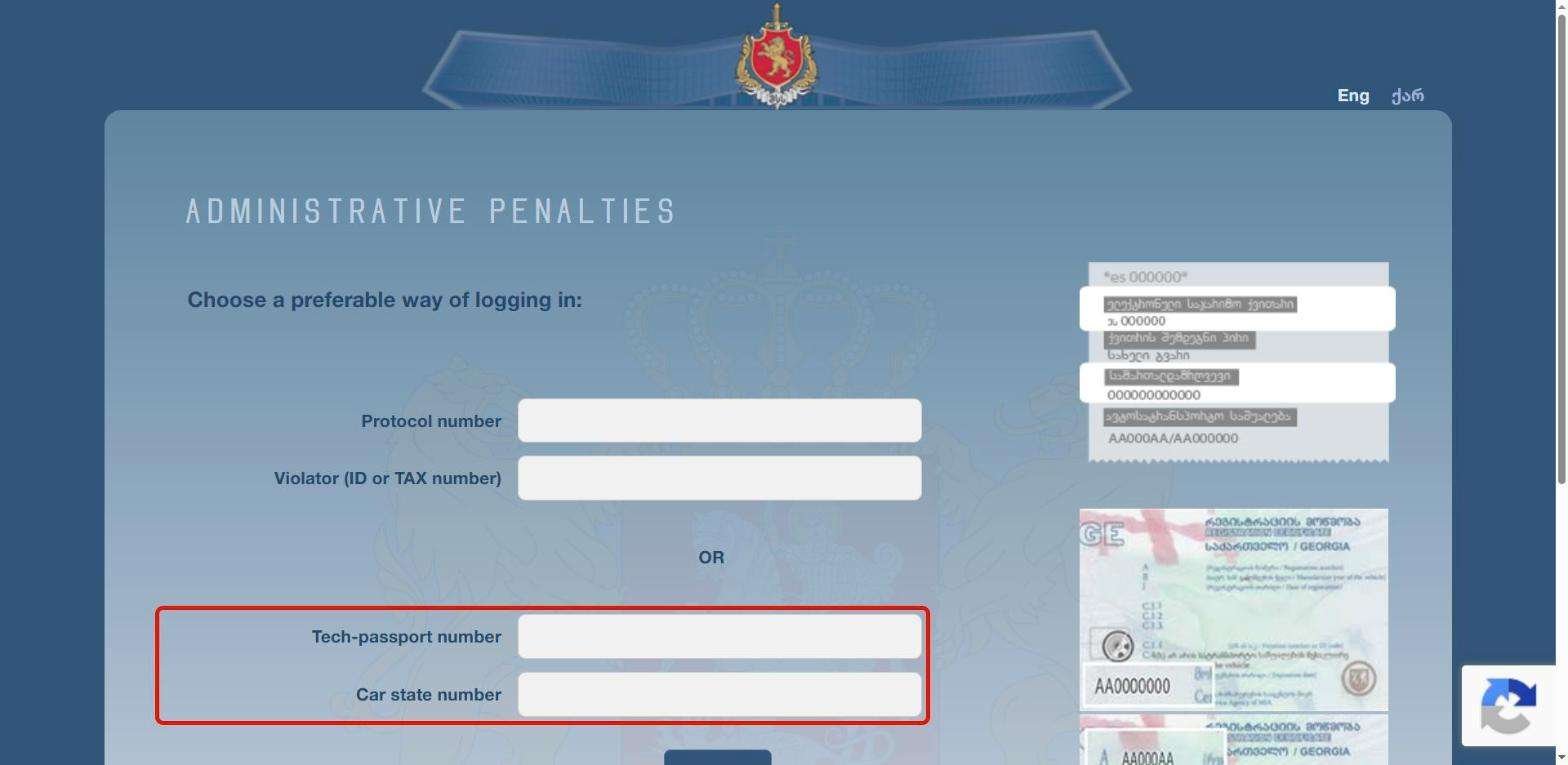 Форма videos.police.ge: номер техпаспорта и госномер
