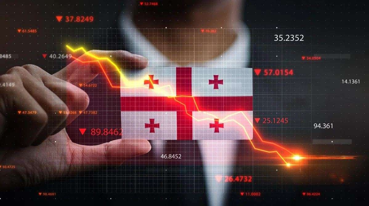 graph falling down in front of georgia flag crisis concept