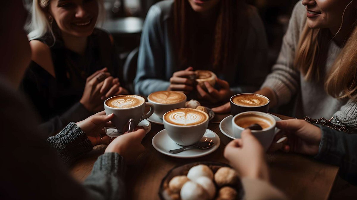 Группа людей наслаждается кофе и уютной атмосферой кофейни