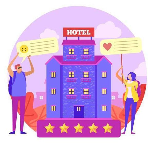 An icon of happy tourists with likes and hearts and a 5-star rating