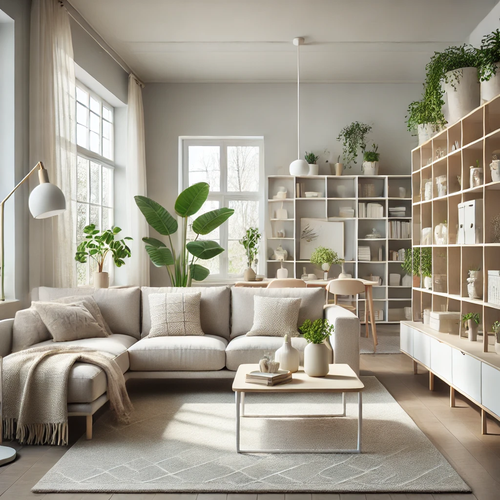 living room with IKEA furniture in neutral tones, featuring a comfortable beige sofa, white bookshelves, a light wooden coffee table.webp