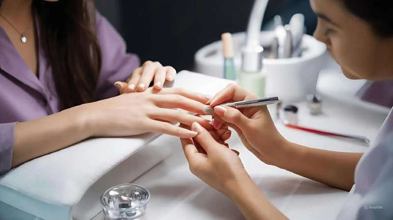 A woman in a nail salon receives a manicure from a cosmetologist. Beauty treatment concept