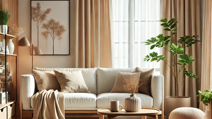 modern interior living room design featuring IKEA furniture in warm neutral tones.webp