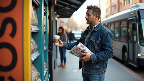 A man buys a takeaway coffee and a newspaper at a bus stop