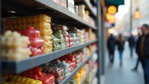 a man looks at a display case with everyday products