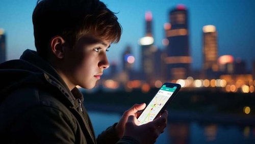 A teenage boy is looking for a movie theater on Yandex Maps.