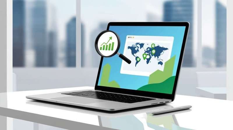 An open laptop screen showing a map and a close-up of a magnifying glass - a local search concept and a growing graph