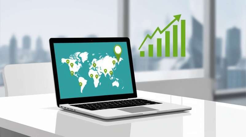 An open laptop on a table and a rising SEO optimization graph