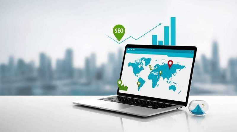 Open laptop, SEO icon on the left