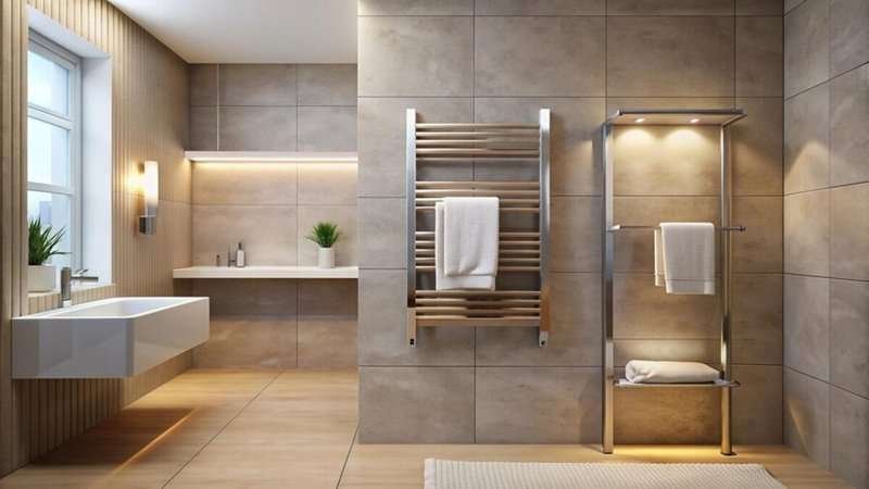 modern bathroom with wall-mounted electric towel rack
