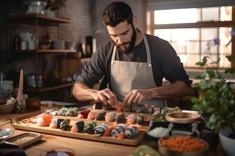 the chef prepares a set of sushi