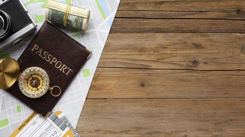 top view passport cash and map