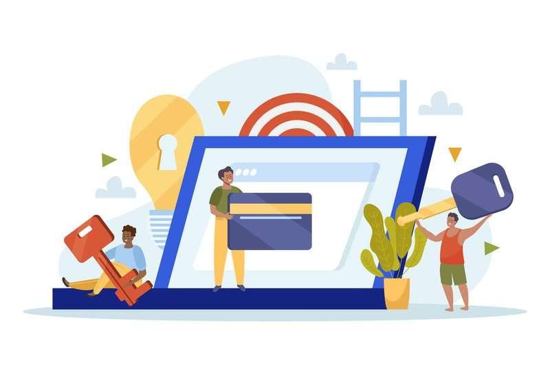 Vector illustration - composition with people holding keys, website for rent