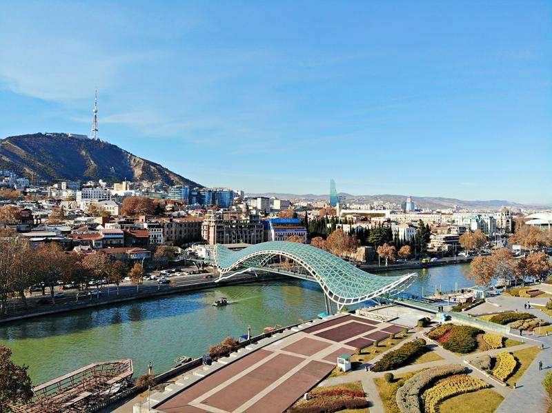 Aerial view of Tbilisi and the Bridge of Peace
