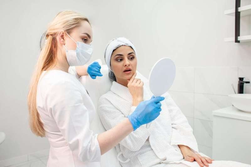 woman looks in the mirror during a consultation with a cosmetologist