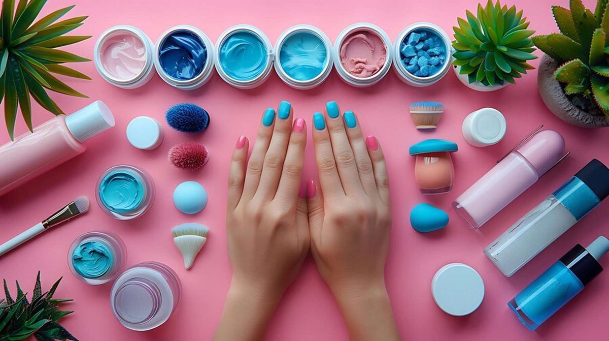 women's hands with manicure and jars of nail polish